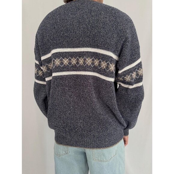 90s vintage mens blue grey grandpa argyle print casual long sleeved knit sweater - Picture 5 of 10